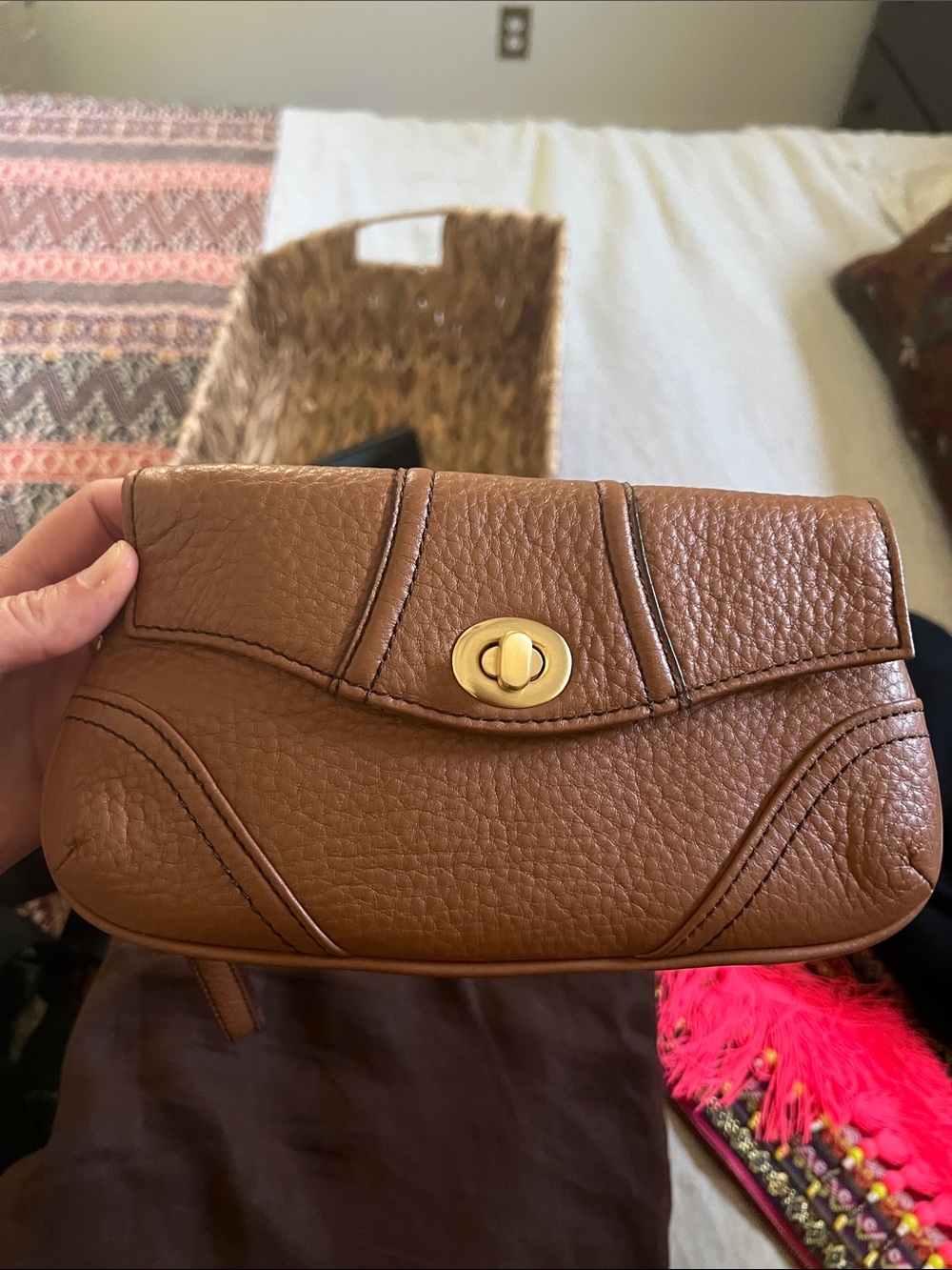 Talbots Clutch Bag Pebbled Leather Wristlet Womens Brown Turn Lock Classic